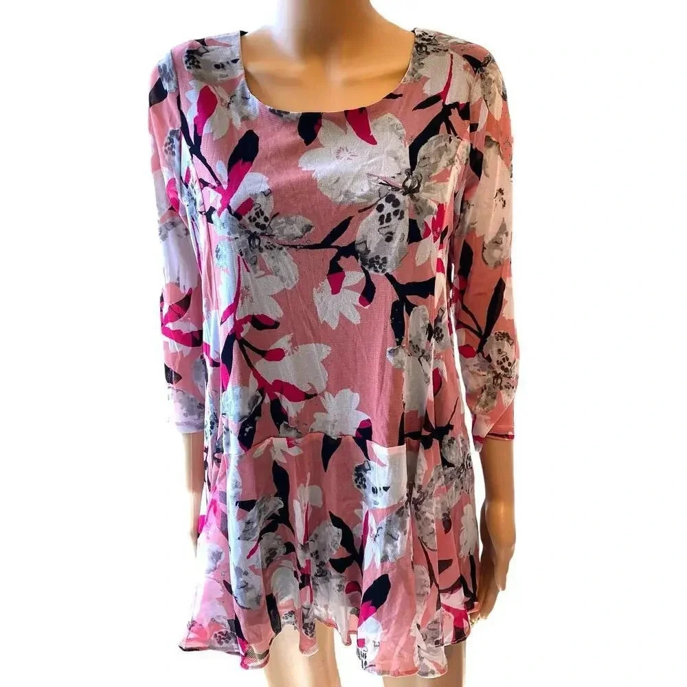 Alfani Nylon Floral Print Stretchy Summer Beach Tunic Top Blouse Women 0X/Xl
